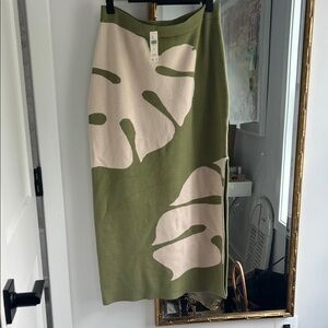 Anthropologie Green and Cream Midi Skirt